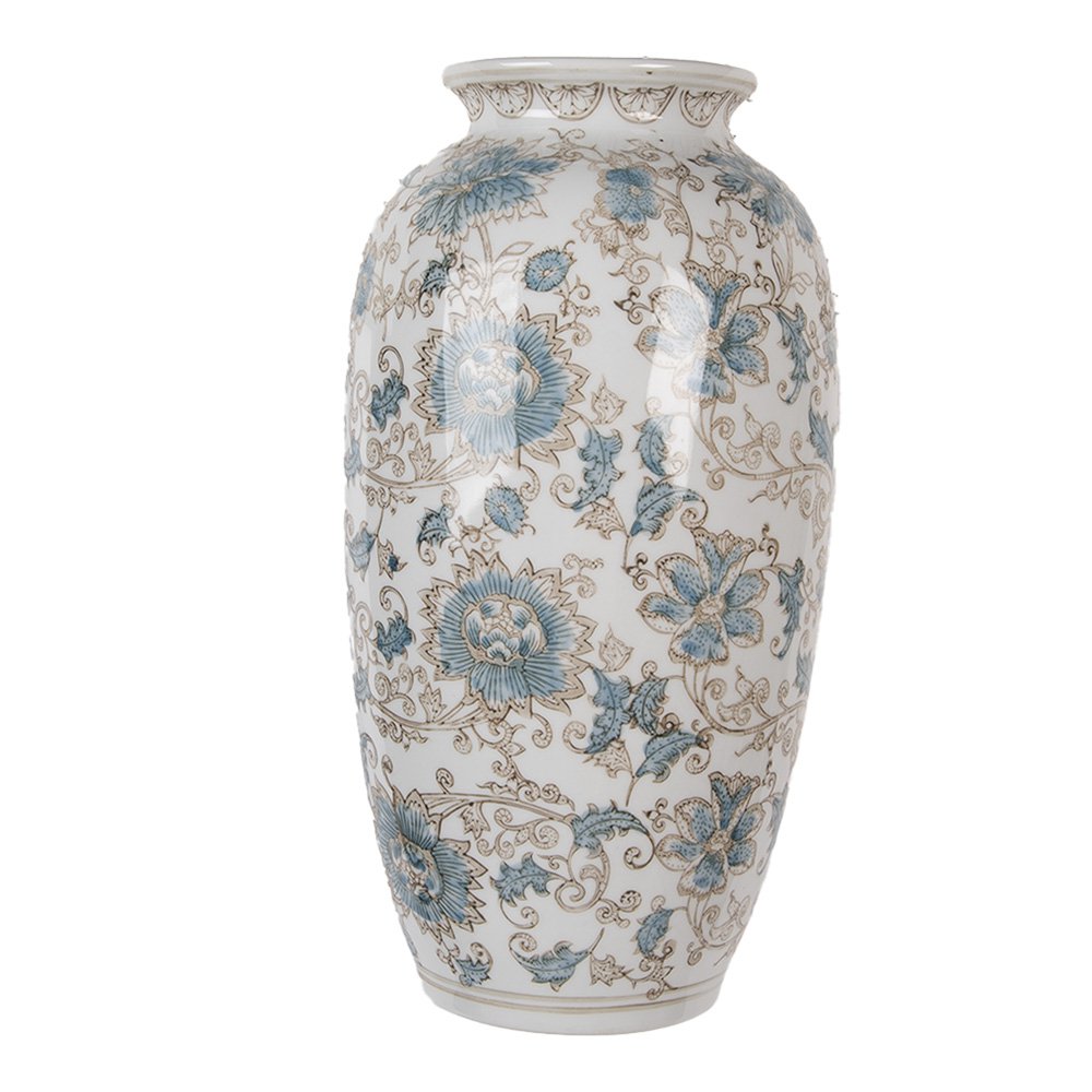 Vaas 19x10x38 cm Wit Blauw Keramiek