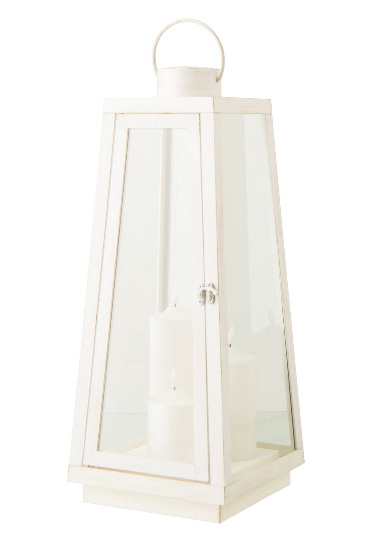 J-Line lantaarn + kaars - glas - wit - L - LED lichtjes