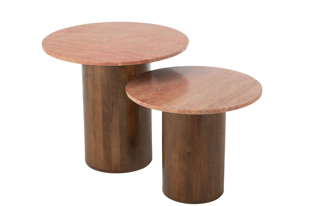 J-Line bijzettafel Rond Marmer - hout - terracotta/bruin - set van 2