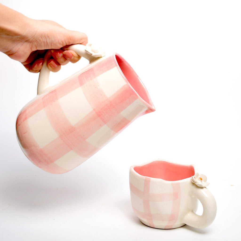 Kruik | Keramiek Handgeschilderde Daisy Check | 800ml Roze