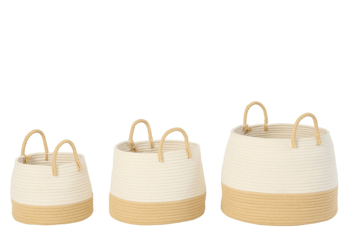 J-Line mand met handvat Rond - polyester - naturel/wit - set van 3