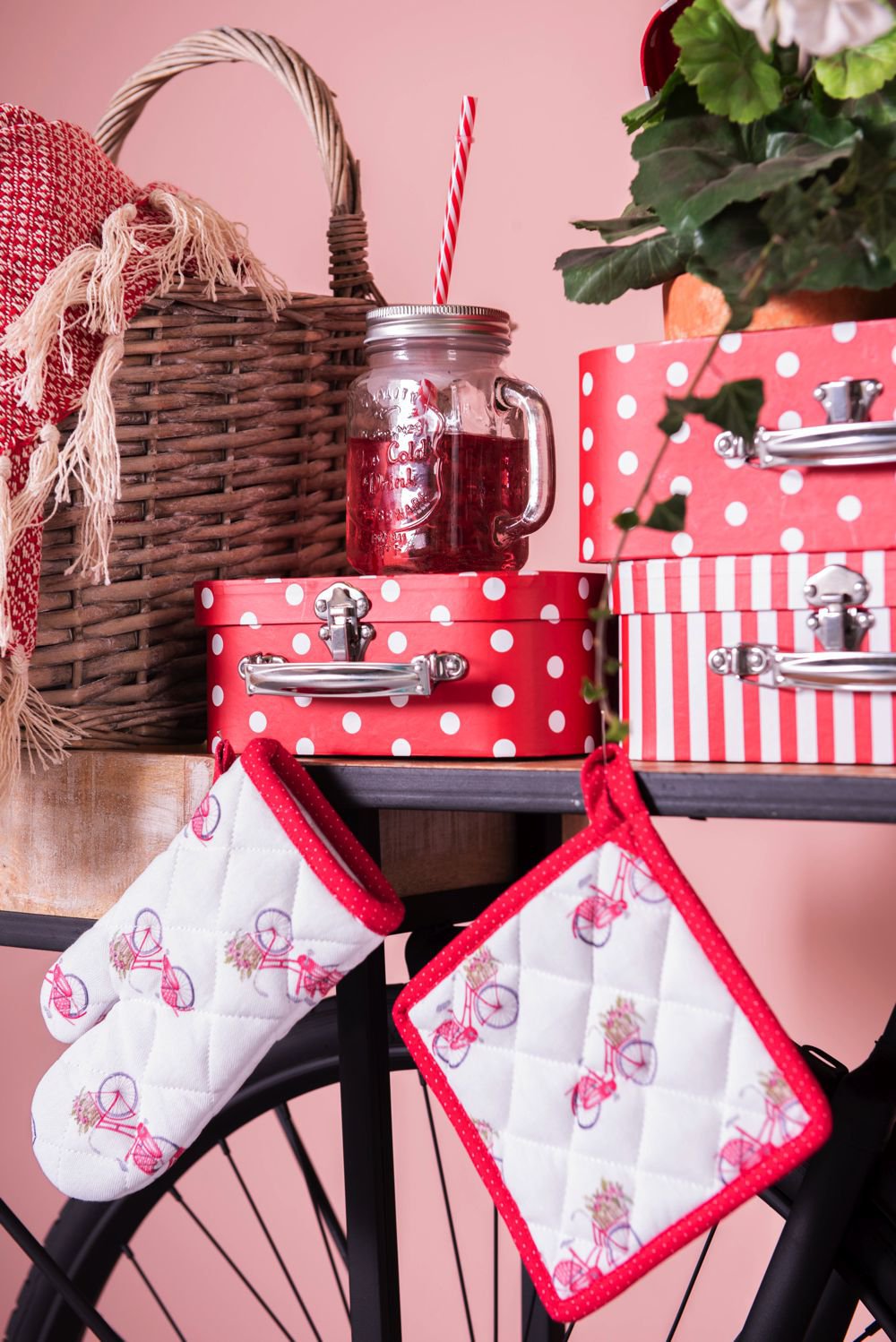 Pannenlap Kind 16x16 cm Rood Wit Katoen Fiets Moeder Dochter