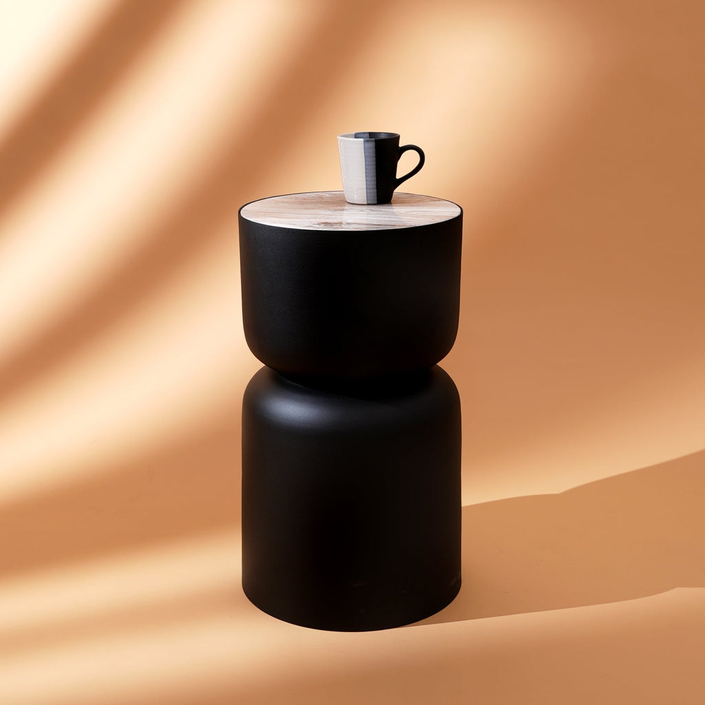 Marmeren Drum Bijzettafel - Zwart Ijzer - Modern Design