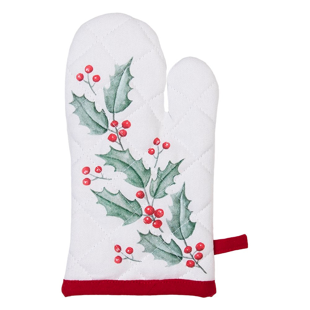 Kind Ovenwant 12x21 cm Wit Rood Katoen Hert Hulstbladeren Ovenhandschoen