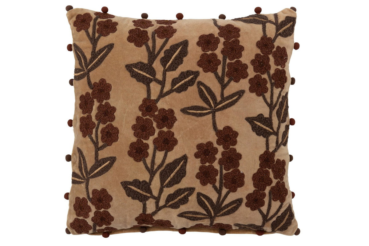 J-Line kussen Bloemen + Bladeren Vierkant - katoen - camel/bruin