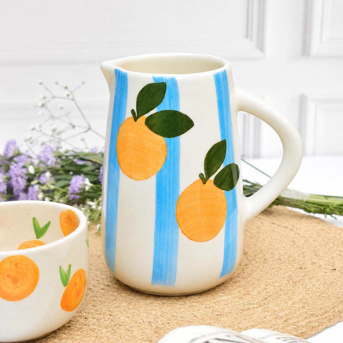 Kruik | Indiase keramische blauwe streep | Oranje