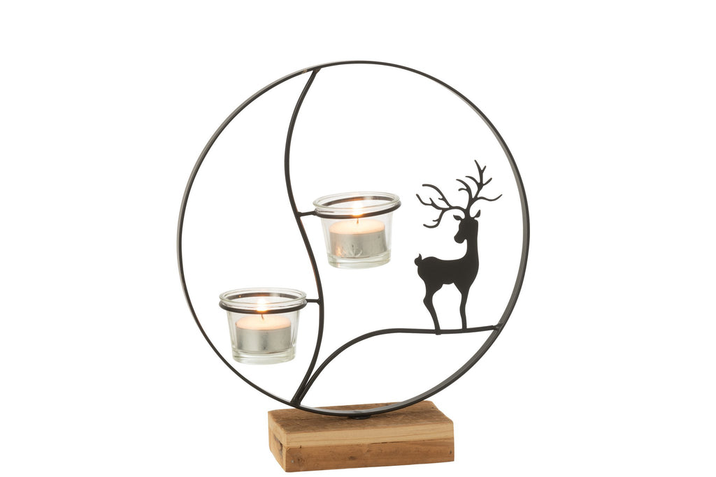 J-Line theelichthouder Rond - hout - zwart/naturel