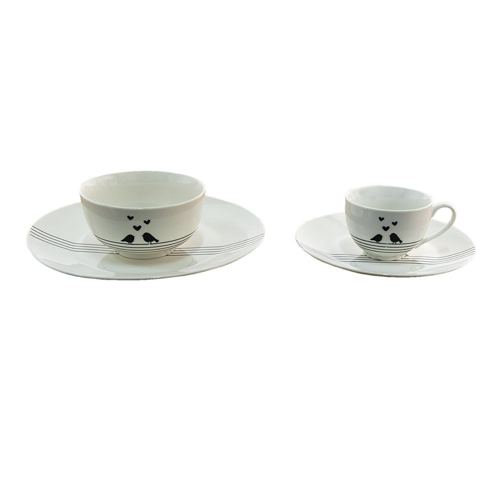 Kop en Schotel 220 ml Wit Zwart Porselein Harten Vogels Servies