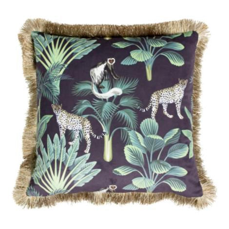 Kussen fluweel jungle panter zwart gouden franjes 45x45cm*
