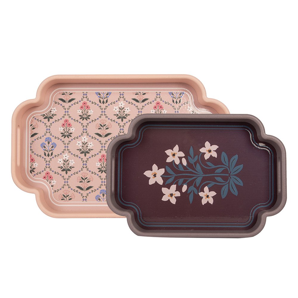 Dienblad set van 2 Grijs Hout Bloemen