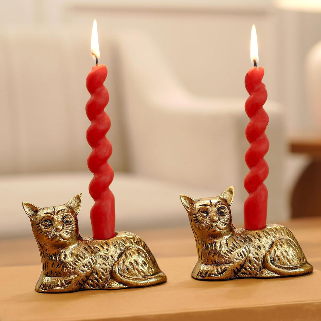 Aluminium kat beeldje kaarsenhouder set – antiek goud – 13 cm hoog, verpakking van 2