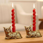 Aluminium kat beeldje kaarsenhouder set – antiek goud – 13 cm hoog, verpakking van 2