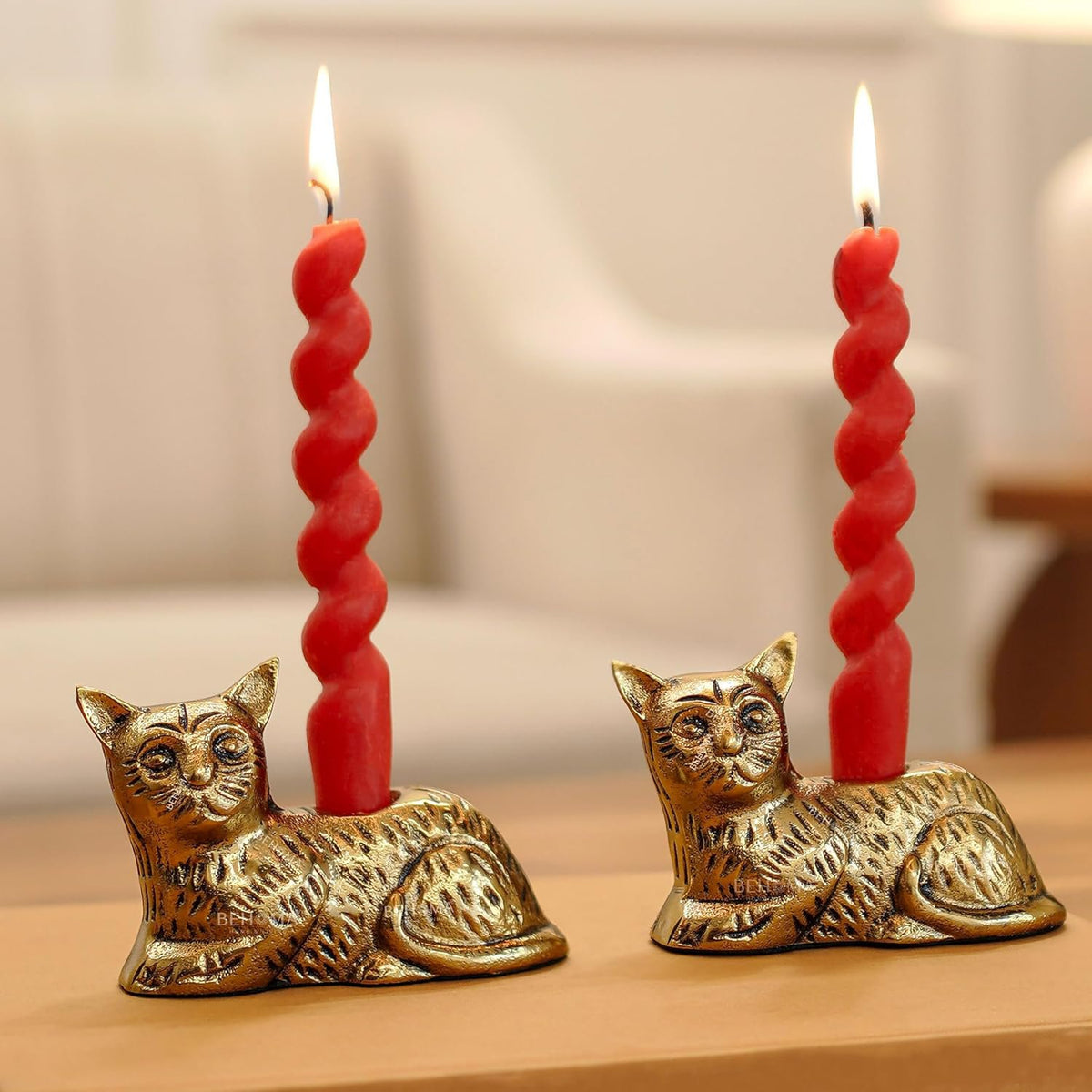 Aluminium kat beeldje kaarsenhouder set – antiek goud – 13 cm hoog, verpakking van 2