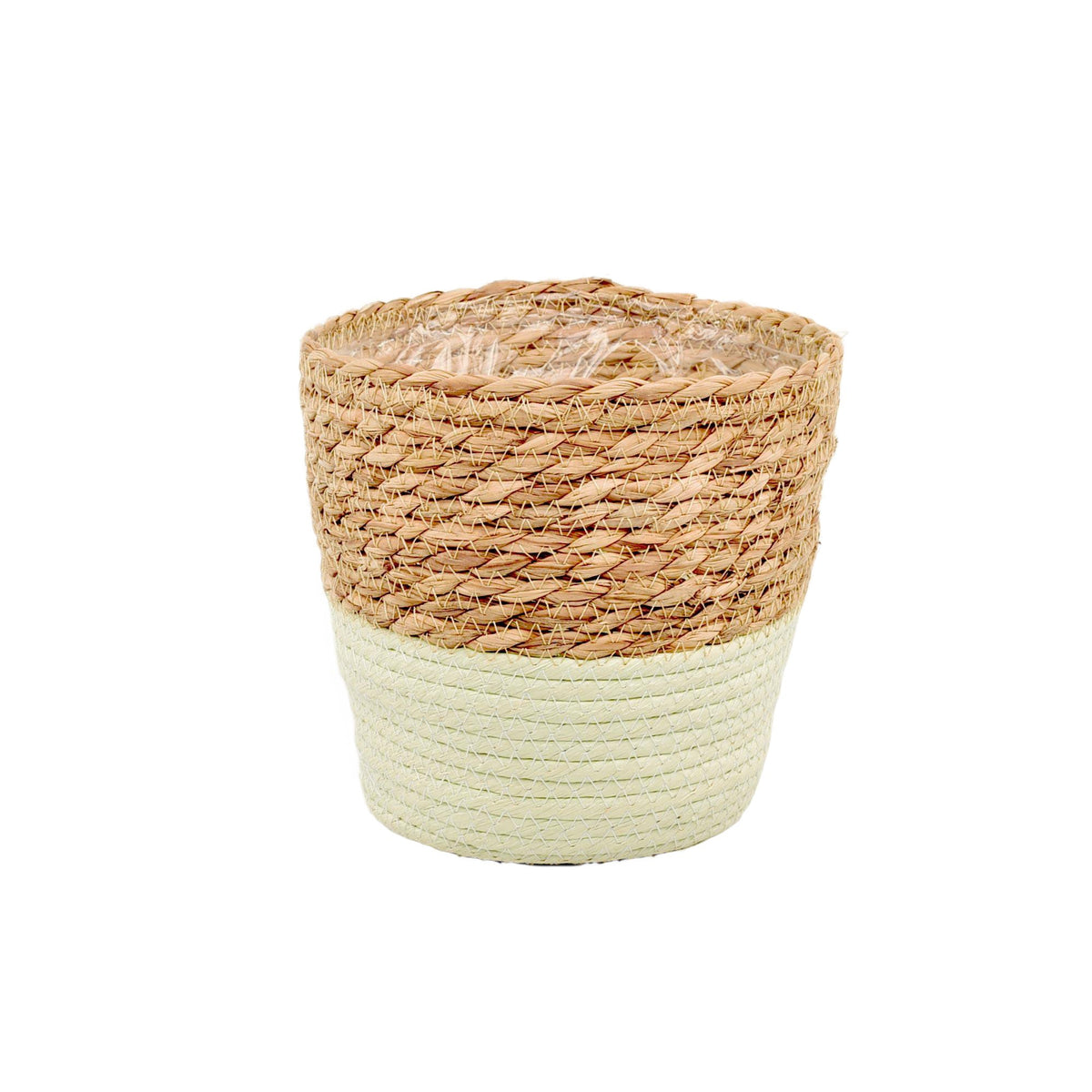 Stro mand met plastic 15x17/12cm naturel/licht groen