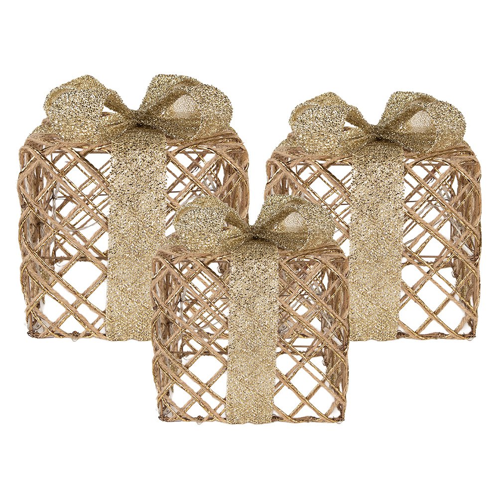 Kerstdecoratie met LED-verlichting Cadeau 25 / 20 / 15 cm Goudkleurig Metaal