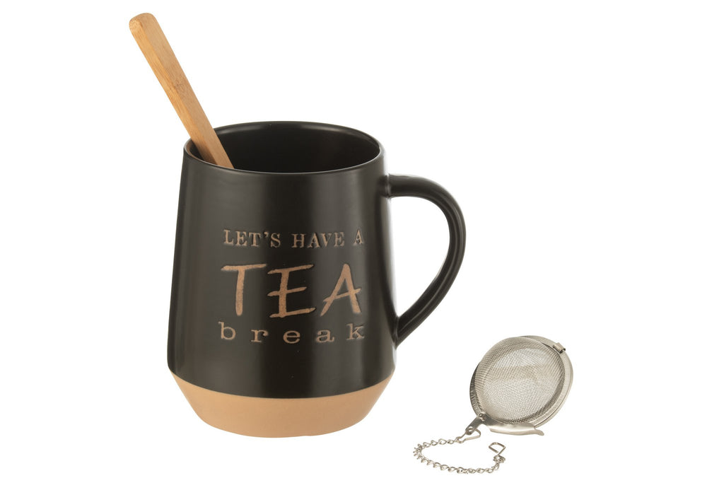 J-Line Theetas+Lepel+Theebal Keramiek Zwart