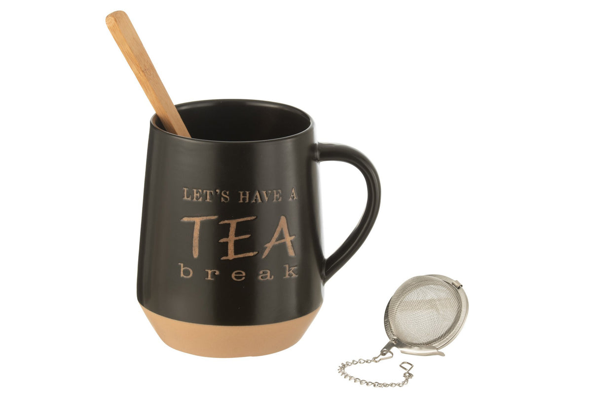 J-Line Theetas+Lepel+Theebal Keramiek Zwart
