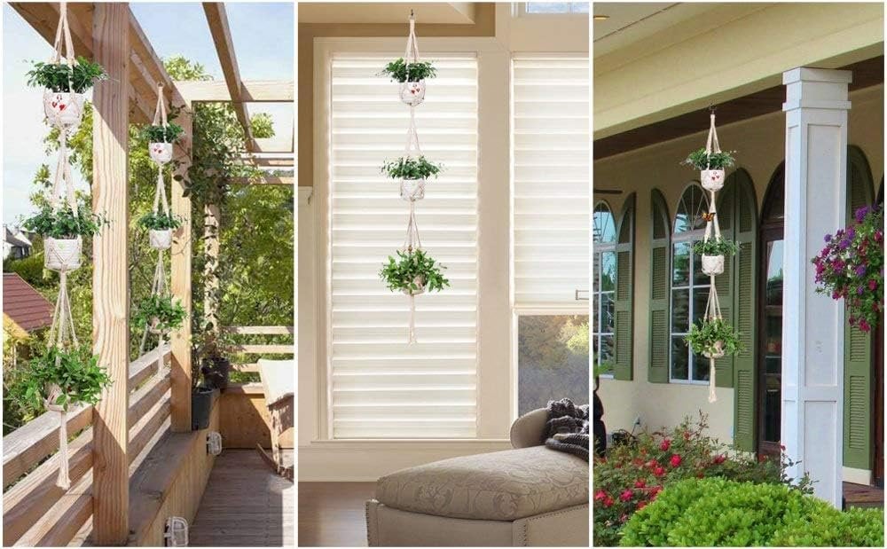 Katoenen verticale hangende plantenbak - Macrame Weave - Set van drie eenheden
