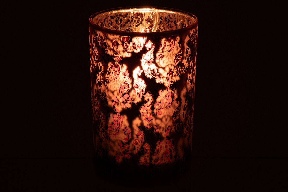 J-Line Windlicht met bloemen - glas - bordeaux/koraal - L