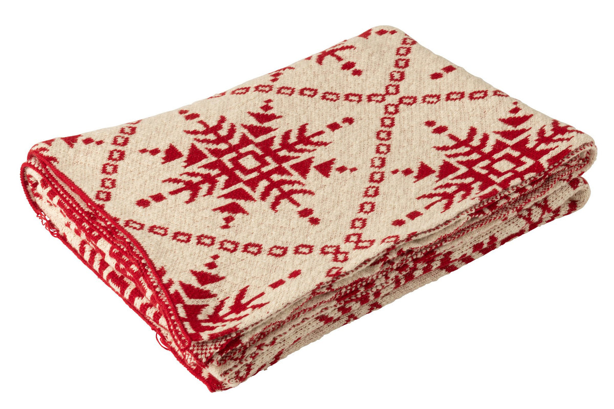 J-Line deken Sneeuwvlokken - katoen - wit/rood