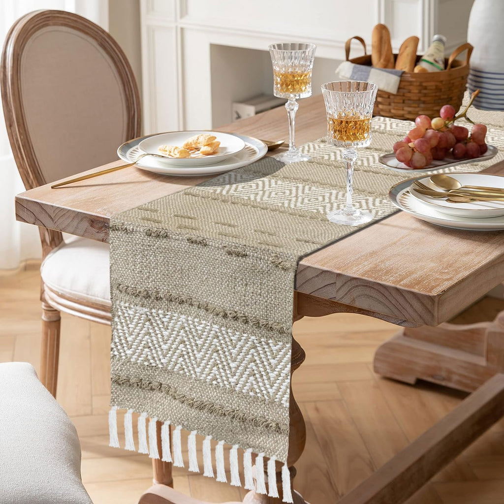 Tafelloper – geweven katoenjutemix, beige/witte zigzag – 13x74 inch