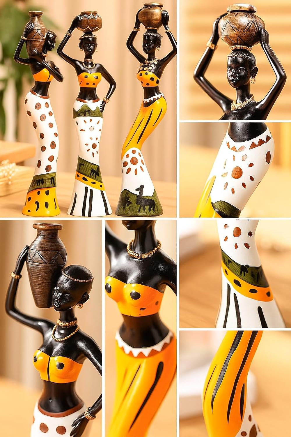 Decoratieve beeldjes van hars – handgemaakte tribale kunst – set van 3 (meerkleurig)