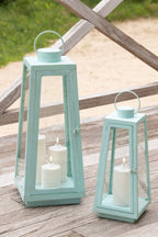 J-Line lantaarn + kaars - glas - turkoois - M - LED lichtjes