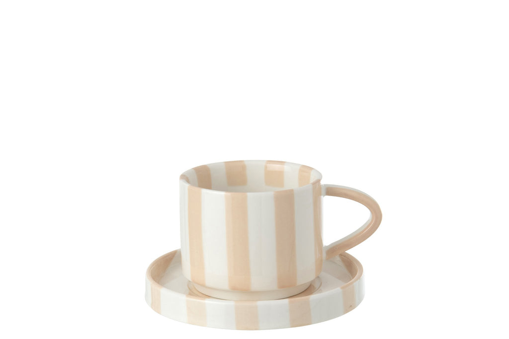 J-Line kopje + schoteltje Gestreept - steengoed - lichtbeige/wit