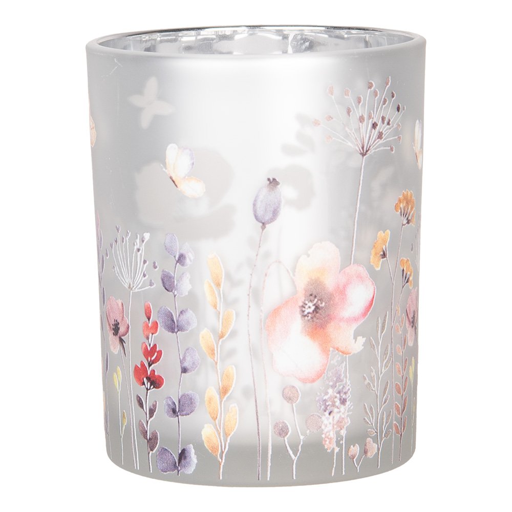 Theelichthouder Set van 2 Ø 7x8 / 10x13 cm Grijs Glas Bloemen