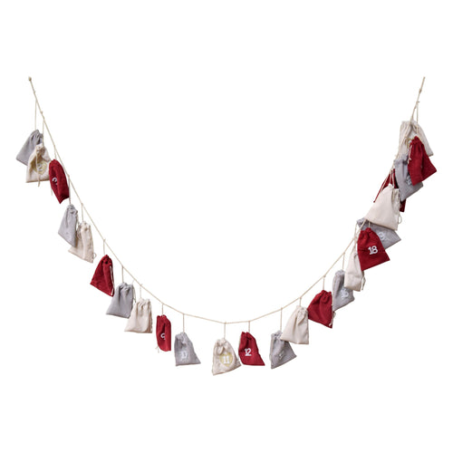 Adventkalender met 24 zakjes stof 21x275x29cm gr/cr/rd
