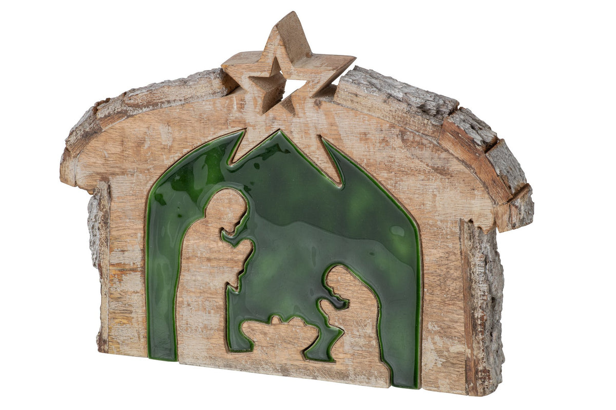 J-Line Kerststal met schors - mangohout - naturel/donkergroen - large