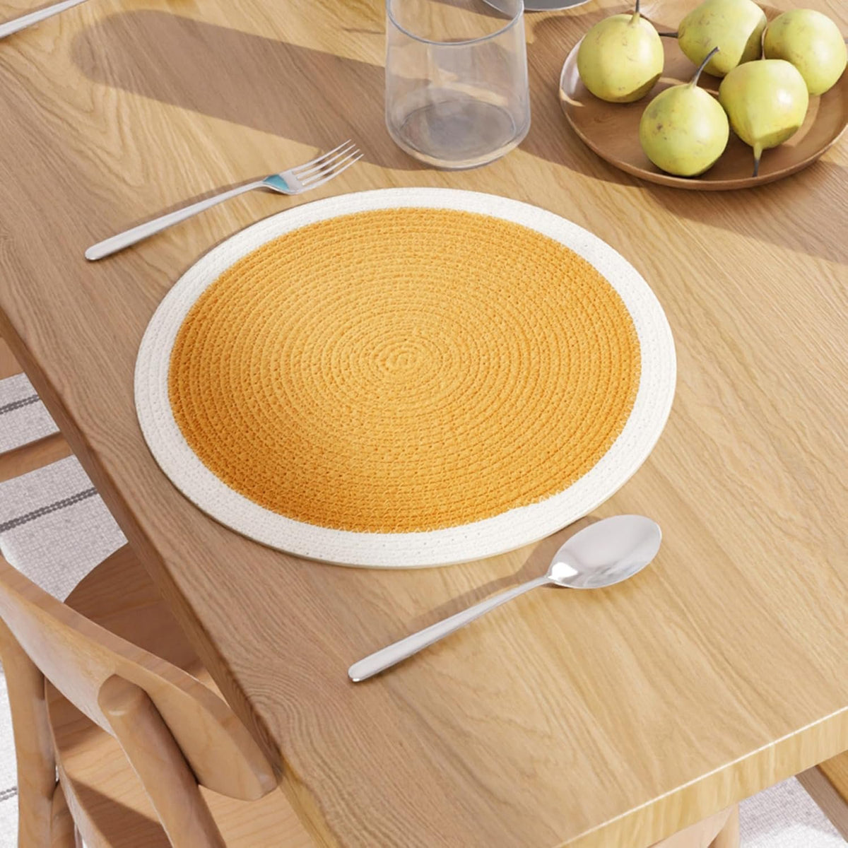Eettafelmatten – geribbeld katoen, hittebestendig – 32 cm rond, set van 4