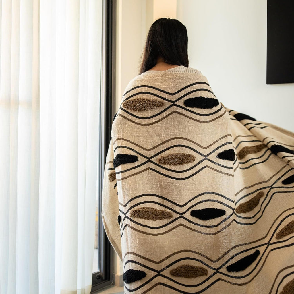 Plaid met beige zwart patroon – katoenen deken – natuurlijke geweven basis – 180x130 cm
