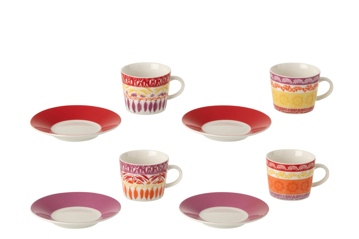 J-Line kopje + schoteltje - keramiek - paars/rood - S - set van 4