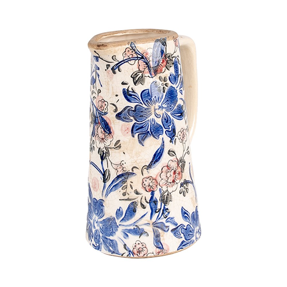 Decoratie Kan 16x11x20 cm Beige Blauw Keramiek Bloemen Schenkkan