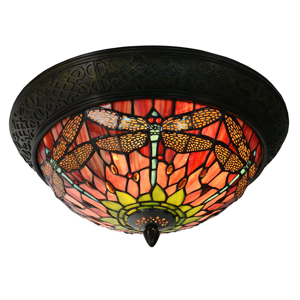 Plafondlamp Tiffany Ø 38x19 cm Rood Groen Glas Libelle Plafonniere