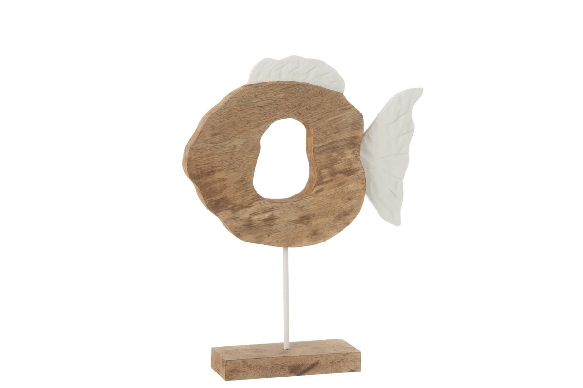 J-Line decoratie Vis Op Voet - hout - wit/naturel