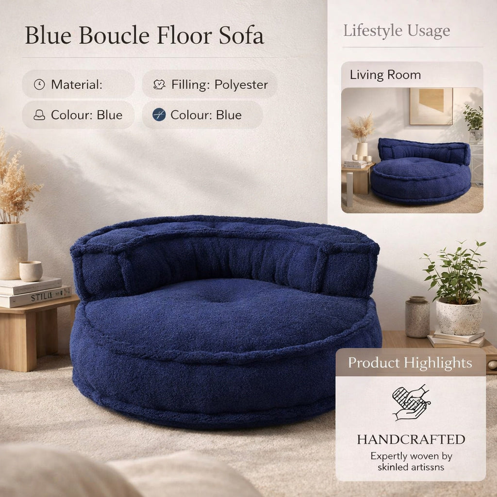 Blauwe Boucle vloerfauteuil – moderne loungezit