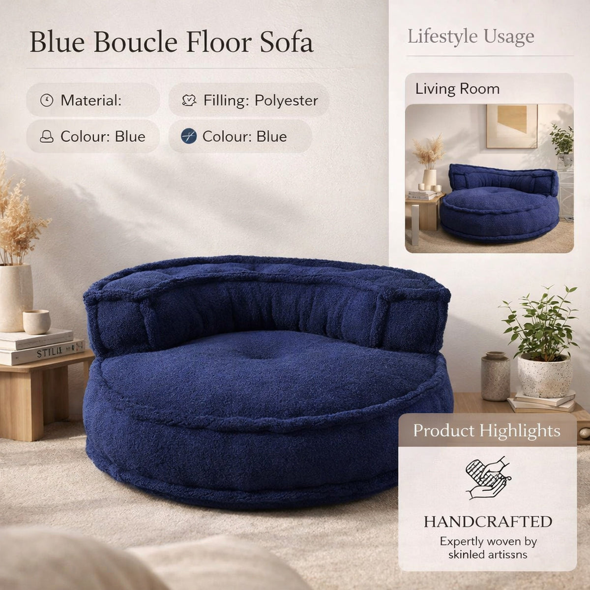 Blauwe Boucle vloerfauteuil – moderne loungezit