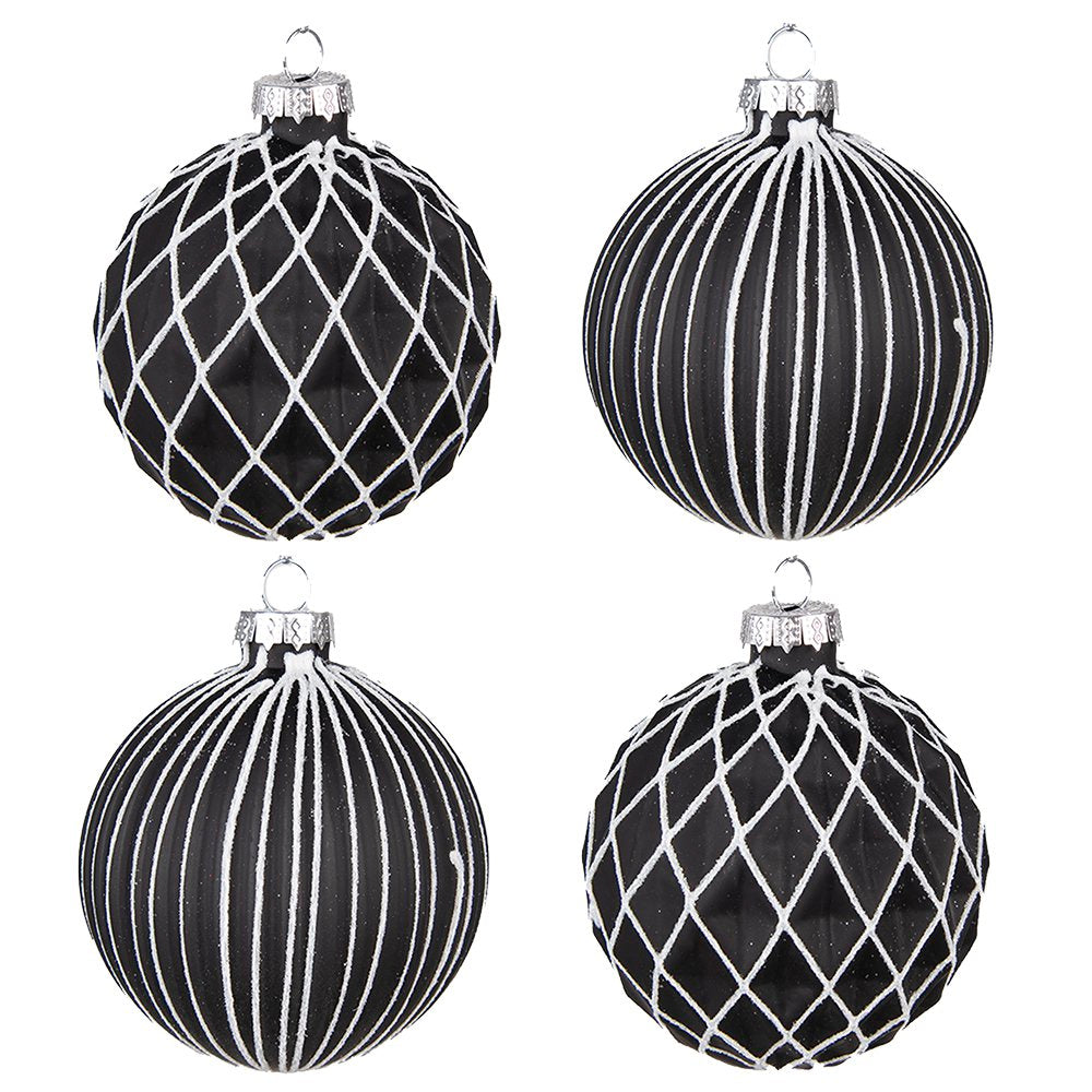 Kerstbal Set van 4 Ø 8 cm Zwart Wit Glas Kerstdecoratie