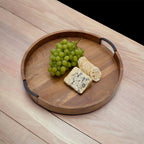 Rustiek rond houten dienblad – bruin houten dienblad – ijzeren handvat – medium 30 x 30 x 3,5 cm