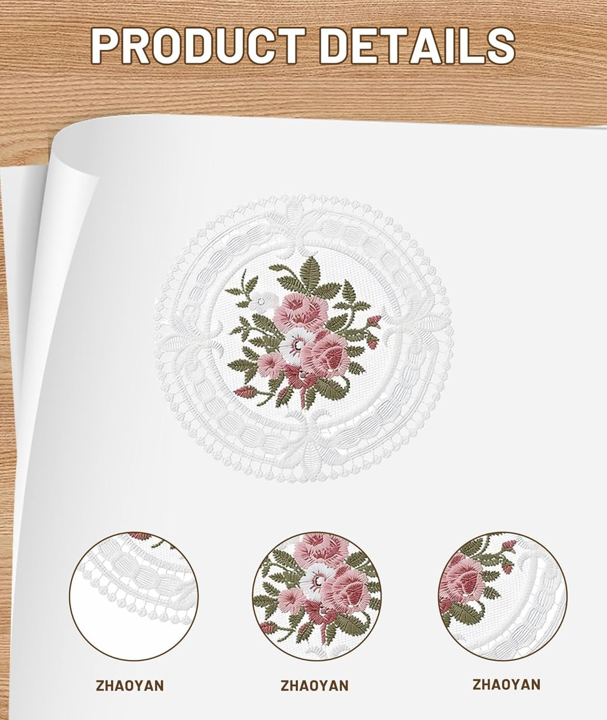 Witte vintage geborduurde onderzetters set van 6, rond | Elegante eettafelmatten, theekopstandaards, woondecoratiecadeau