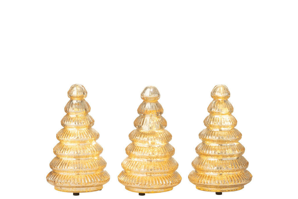 J-Line decoratie Boom Geribbeld - glas - goud - set van 3 - LED