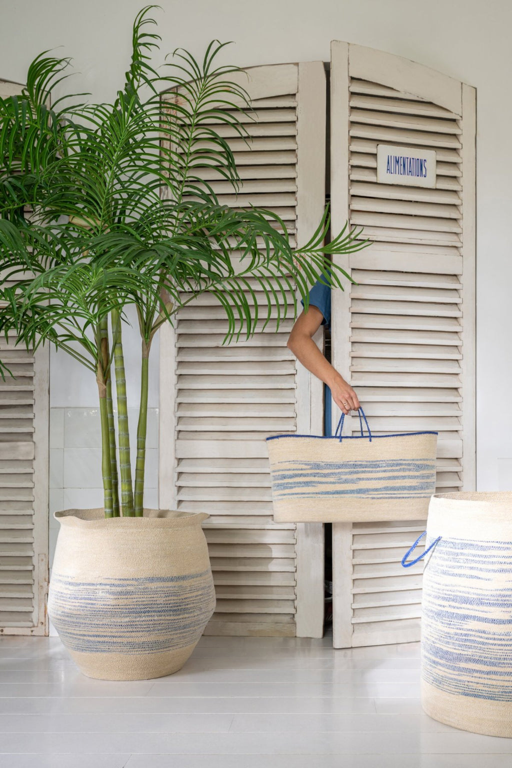 J-Line mand Met Handvat Gestreept - zeegras - naturel/blauw