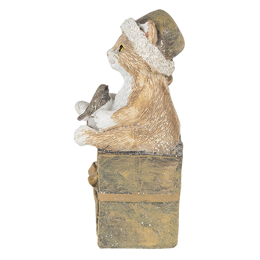 Beeld Kat 5x4x10 cm Bruin Wit Kunststof Kerstdecoratie