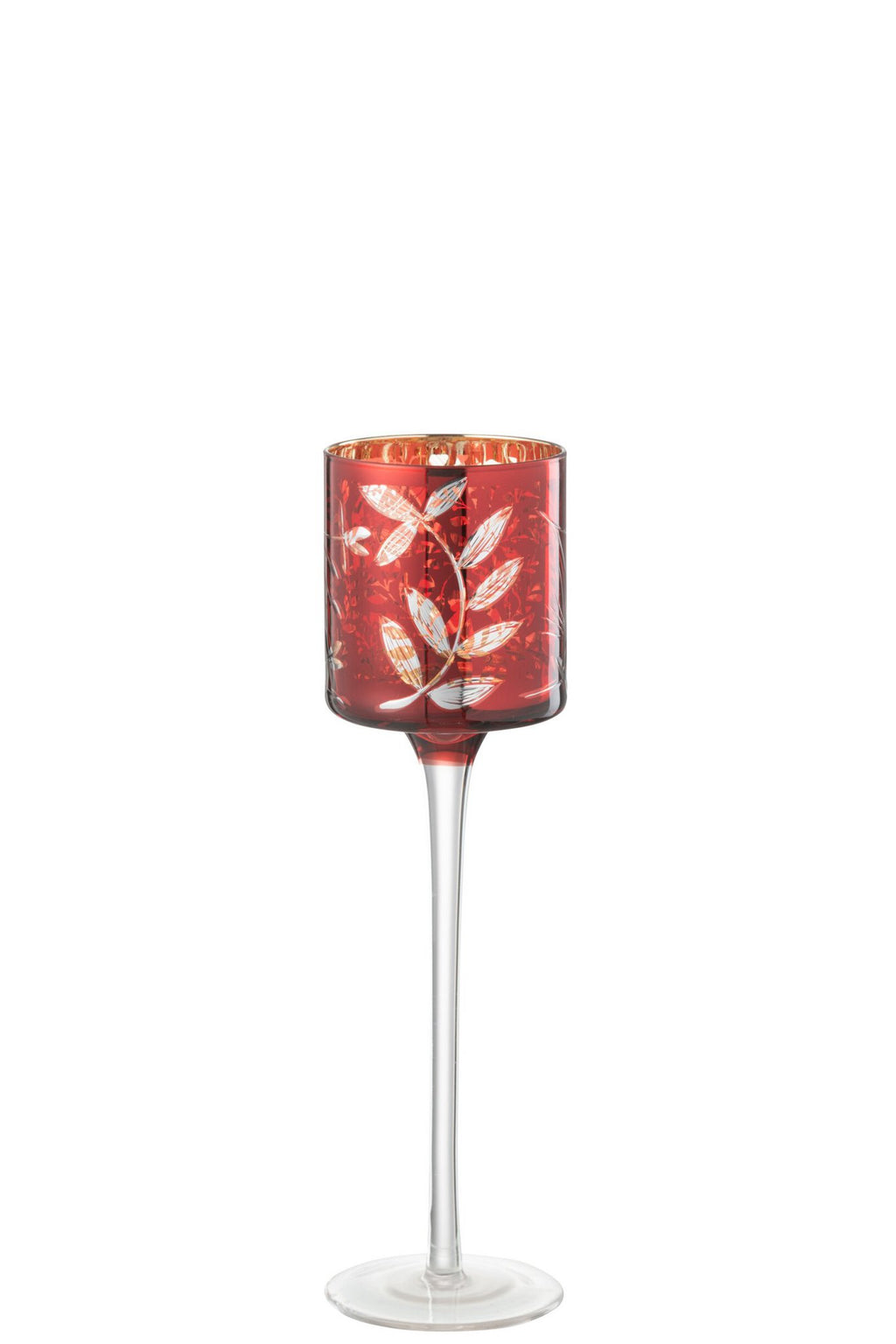 J-Line theelichthouder Op Voet Blaadjes - glas - rood/goud - small