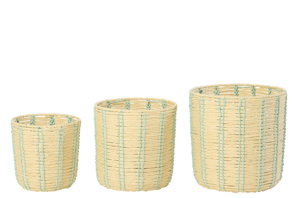J-Line mand Rond Gestreept - ijzer/papier - naturel/blauw - set van 3