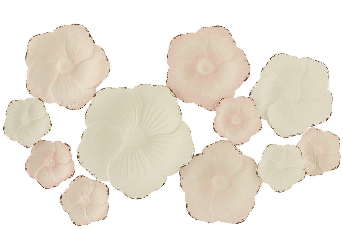 J-Line wanddecoratie Bloemen - metaal - roze/wit