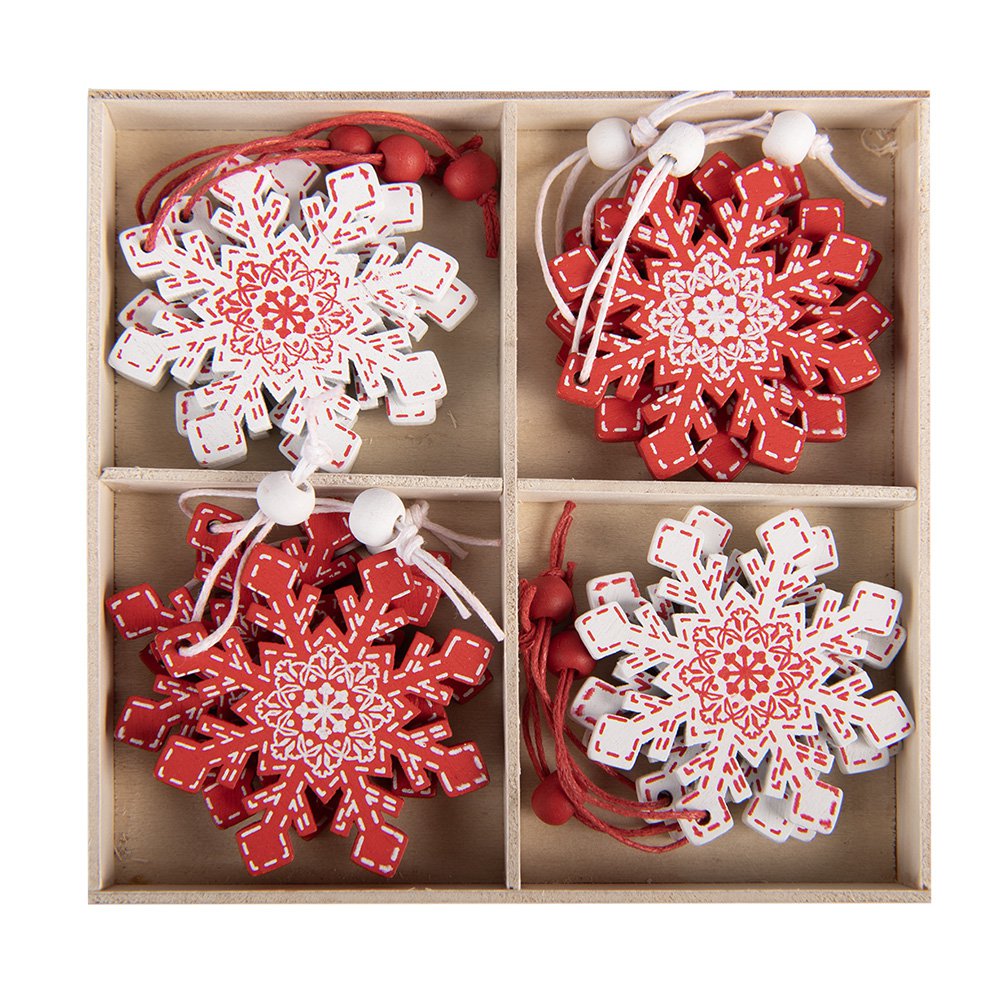Kersthanger Set van 12 Sneeuwvlok 13x13 cm Rood Hout