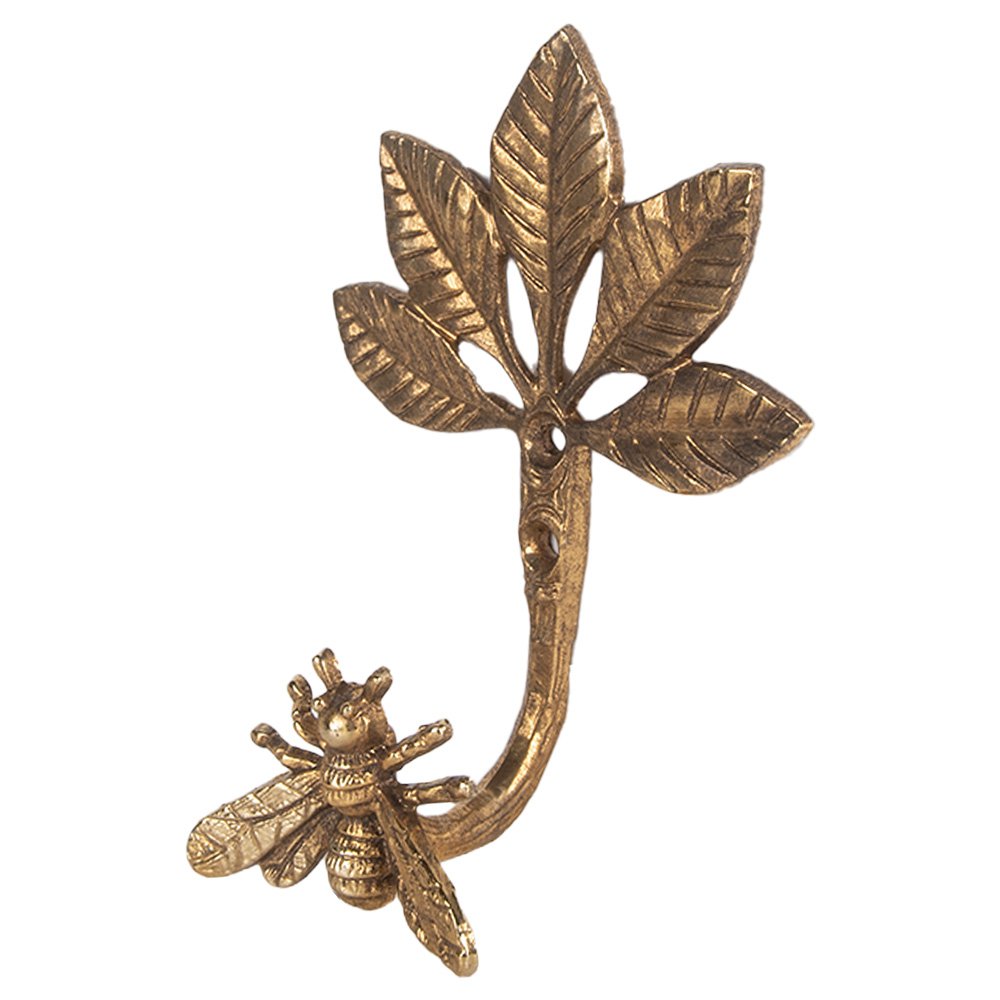 Wandhaak 10x6x14 cm Goudkleurig Metaal Bij en Bloemen